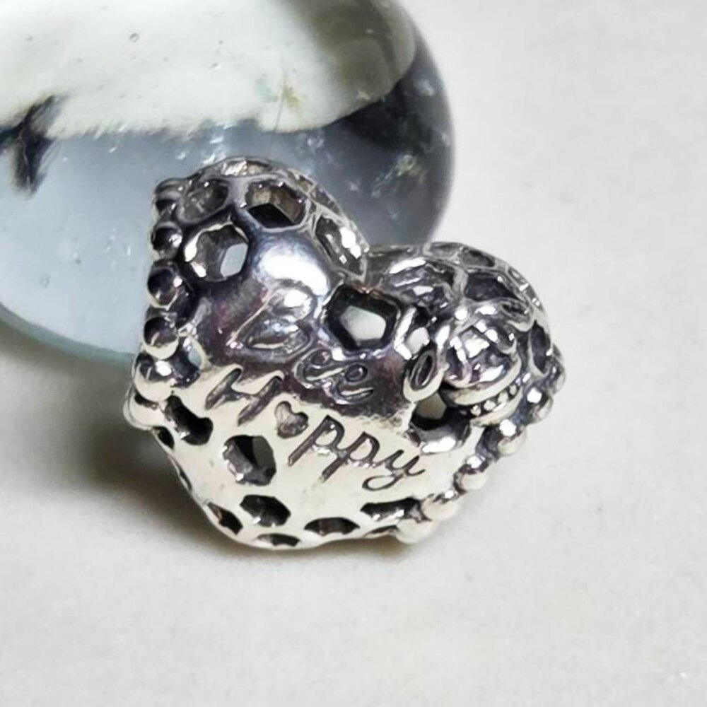 Authentic Pandora Sterling Silver Bee Happy Bead Open Work Heart Charm ALE 925